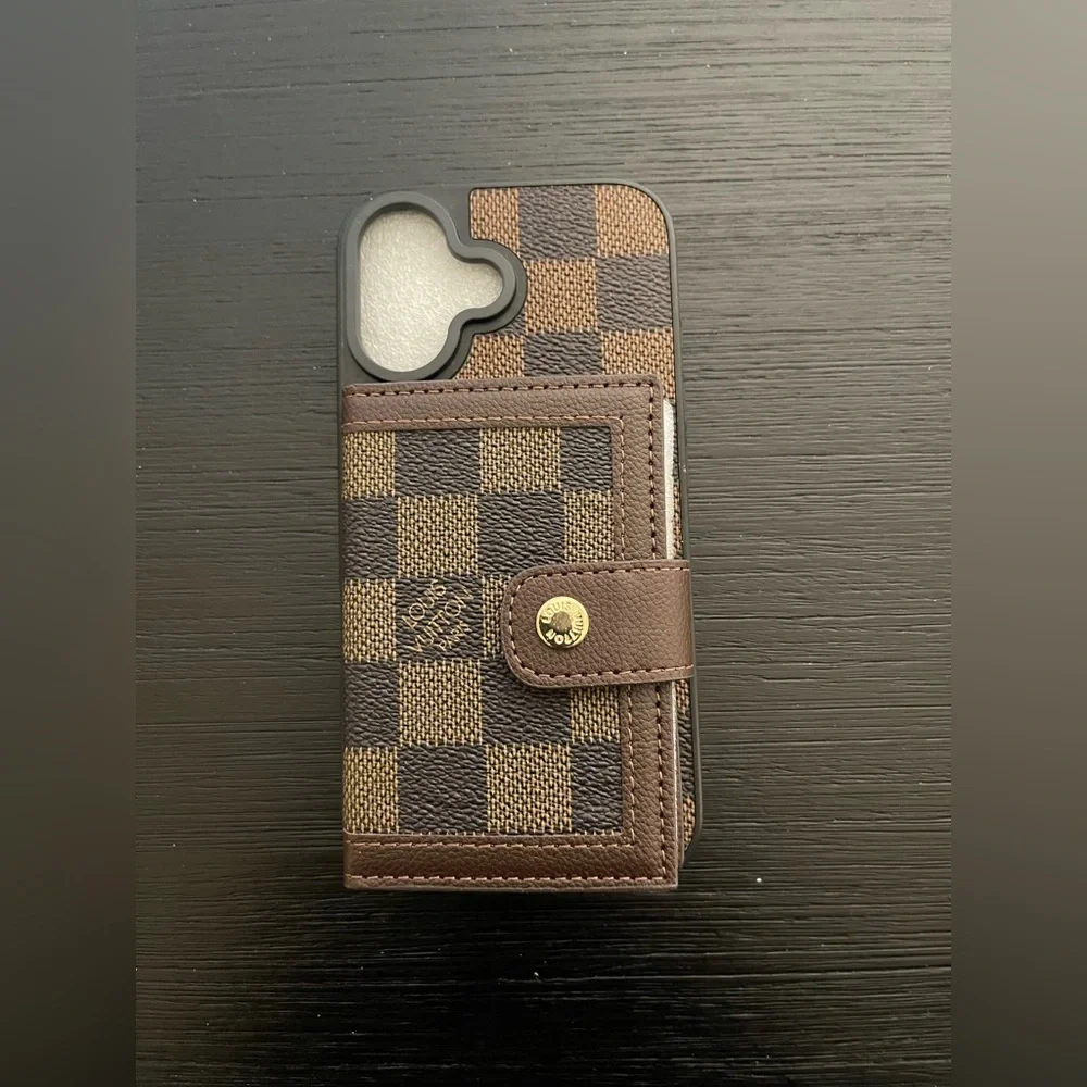 iPhone 16 wallet/ card holder Checkered Brown Phone Case with Card Holder